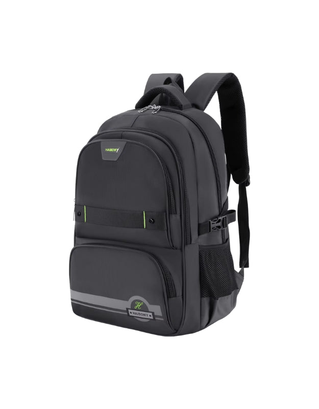 Haibowy large capacity backpack in grey with green accent, lightweight design